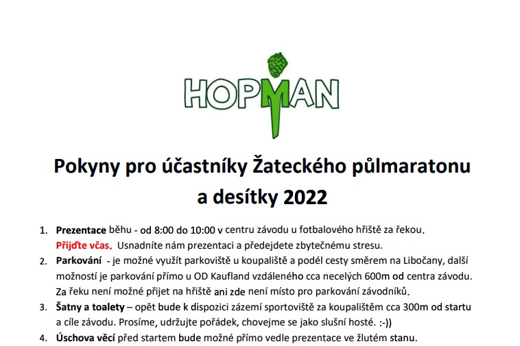 Pokyny pro účastníky Žateckého půlmaratonu a desítky 2022